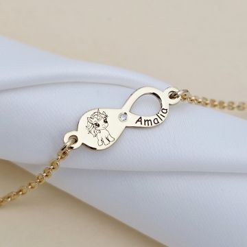 Brățară personalizata cu simbolul infinitului, unicorn și nume – Diamant natural - Argint 925 placat cu Aur Galben 18K Cu lantisor fata/baiat
