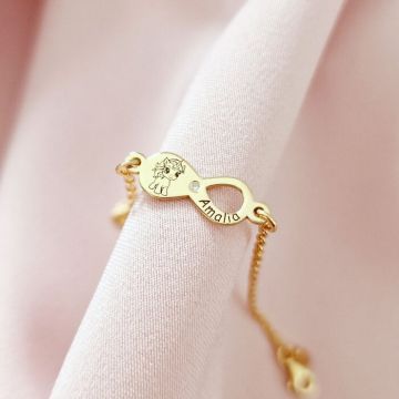 Brățară personalizata cu simbolul infinitului, unicorn și nume – Diamant natural - Argint 925 placat cu Aur Galben 18K Cu lantisor fata/baiat