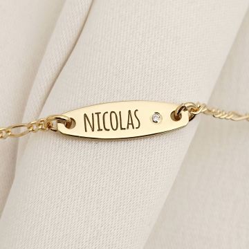 Brățară placuta personalizata cu nume de baiat – Diamant natural - Argint 925 placat cu Aur Galben 18K - Cu lantisor fata/baiat