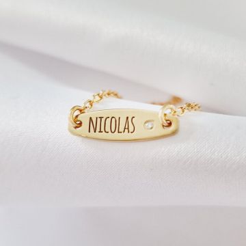 Brățară placuta personalizata cu nume de baiat – Diamant natural - Argint 925 placat cu Aur Galben 18K - Cu lantisor fata/baiat