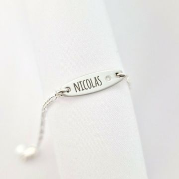 Brățară placuta personalizata cu nume de baiat – Diamant natural - Argint 925 Rodiat - Cu lantisor fata/baiat
