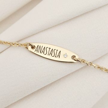 Brățară placuta personalizata cu nume de fetita – Diamant natural - Argint 925 placat cu Aur Galben 18K- Cu lantisor fata/baiat