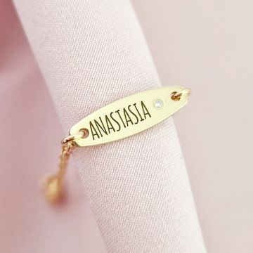 Brățară placuta personalizata cu nume de fetita – Diamant natural - Argint 925 placat cu Aur Galben 18K- Cu lantisor fata/baiat