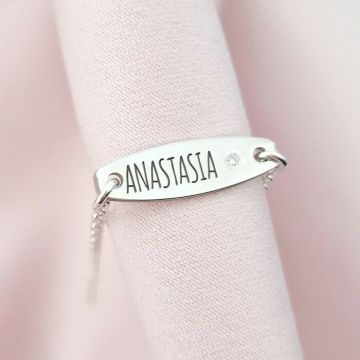 Brățară placuta personalizata cu nume de fetita – Diamant natural - Argint 925 Rodiat - Cu lantisor fata/baiat