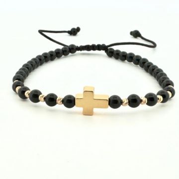 Bratara Aur 14K, snur Reglabil, Pietre Onix si Cruce Hematit - Protectie si Echilibru