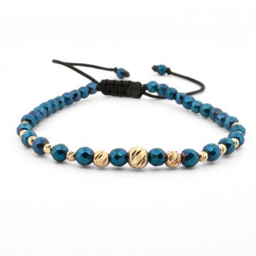 Bratara cu Bile de Aur 14K, Hematit Albastru, Reglabila, Unisex