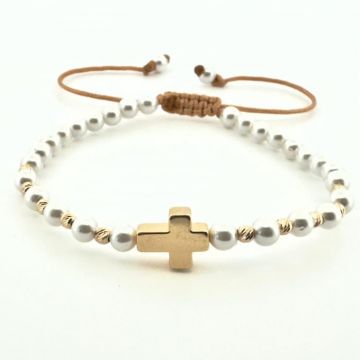 Bratara cu Bilute de Aur 14K, Perle Mallorca 4mm si Cruce Hematit Aurie ,   snur Reglabil, Cadou Femei