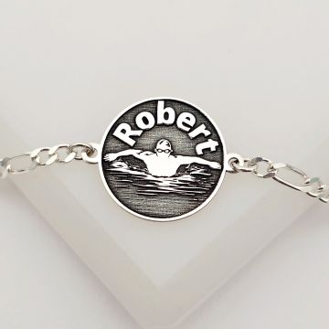 Bratara personalizata - Banut cu inotator si nume personalizat - gravura in relief - Argint 925 - bratara barbati cu lant