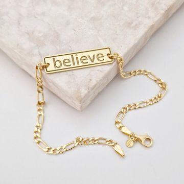 Bratara personalizata - placuta cu text personalizat Believe - Argint 925 placat cu Aur Galben 18K - bratara barbati cu lant