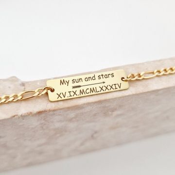 Bratara personalizata - Placuta cu text personalizat ,, My sun and stars'' - Argint 925 placat cu Aur Glaben 18K - bratara barbati cu lant