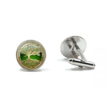 Butoni camasa, model copacul vietii, culoare argintiu/verde, 17mm