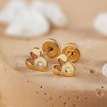 Cercei bebe/fetite cu Diamant natural - Model Minnie Mouse - Aur Galben 14K - Inchizatoare filet