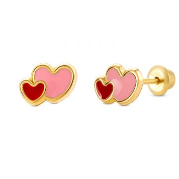 Cercei din aur 14K Double Pink Hearts