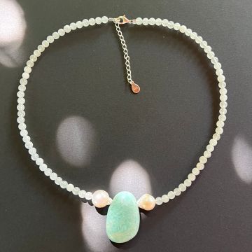 Colier jad alb cu amazonit și perle Inner Peace #65
