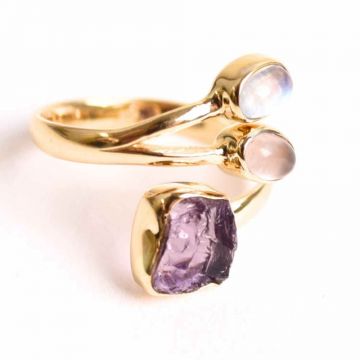 Inel din Argint 925 placat cu Aur de 18K cu Ametist, Cuart Roz si Piatra Lunii 3.99gr, M 58   8.5 ,   Iubire, Vindecare Emotionala si Intuitie Feminina