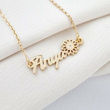 Lantisor Anya, simbol floare si Diamant natural - Argint 925 placat cu Aur Galben 18K