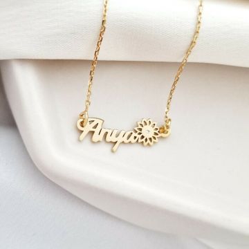 Lantisor Anya, simbol floare si Diamant natural - Argint 925 placat cu Aur Galben 18K