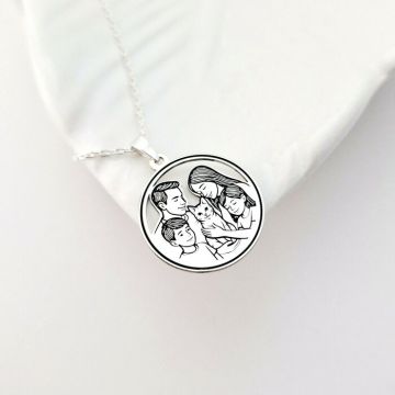 Lantisor cu medalion rotund - Familia Completă - tata, mama, băiat mare, fetiță mică și o pisică - Argint 925 - Lant forzatina