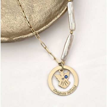 Lantisor cu Perle - Medalion disc cu silueta de ingeras si inimioara decupata - Cristal swarovski - Model sirag de perle stick silver si bilute din Argint 925 placat cu Aur Galben 18K
