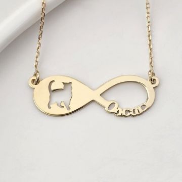 Lantisor personalizat - Infinite love - Pandantiv cu silueta de pisica si cu nume personalizat - Argint 925 placat cu Aur Galben 18K