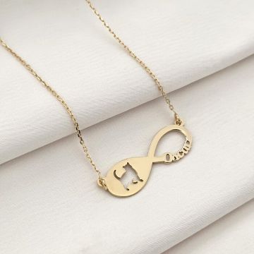 Lantisor personalizat - Infinite love - Pandantiv cu silueta de pisica si cu nume personalizat - Argint 925 placat cu Aur Galben 18K