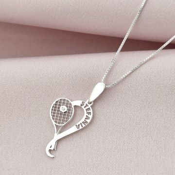 Lantisor Racheta de tenis si minge - nume personalizat Argint 925 - cristal Swarovski