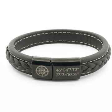 Bratara Barbati Personalizata, Piele Neagra 10mm, Inchidere Magnetica Neagra, Inox