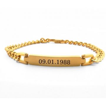 Bratara Barbati Personalizata - Placuta si Lant Cuban din Inox Auriu cu Aspect Lucios, Lungime 21 cm