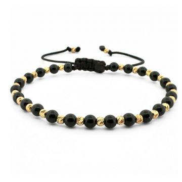 Bratara cu Bilute Argint Placate cu Aur 24K, Onix Negru 4mm, snur Reglabil, Unisex