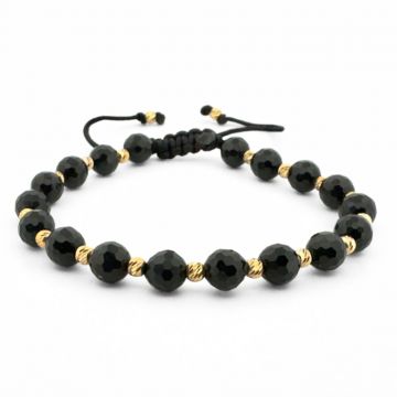 Bratara cu Bilute Argint Placate cu Aur 24K, Onix Negru Fatetat 6mm, snur Reglabil, Unisex