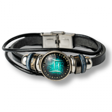 Bratara Fixa zodia Gemeni din Piele Sintetica cu Cabochon Rotund ,   Semn Zodiacal Personalizat pentru Stil si Conexiune Astrologica