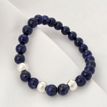 Bratara Intelepciune - Pietre Lapis Lazuli de 8 mm - Bilute din Argint 925 - Snur elastic