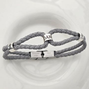 Bratara model barbatesc - cu piele gri impletita - cilindrii cu gravura personalizata din Argint 925 - Inchizatoare inox