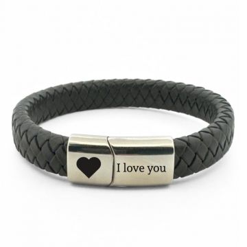 Bratara Piele Barbati Personalizata cu Gravura Text, Inchidere Magnetica Argintie, Inox