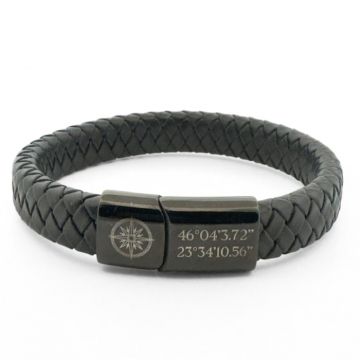 Bratara Piele Barbati Personalizata cu Gravura Text, Inchidere Magnetica Neagra, Inox