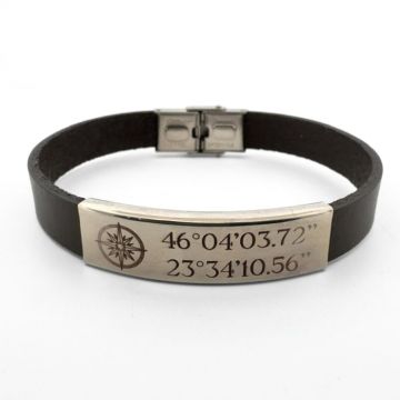 Bratara Piele Barbati Personalizata cu Gravura Text - Placuta si Inchidere din Inox Argintiu
