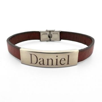 Bratara Piele Barbati Personalizata cu Gravura Text - Placuta si Inchidere din Inox, Piele Maro