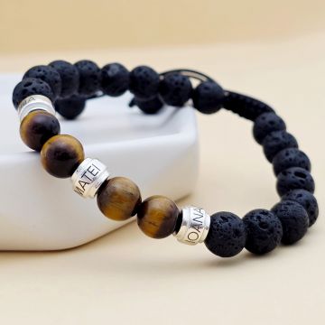 Bratara pietre semipretioase Lava si Ochi de tigru de 8 mm - cilindrii din Argint 925 - Snur negru