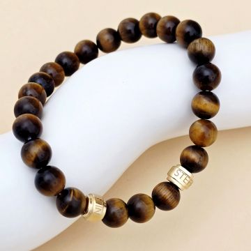 Bratara pietre semipretioase Ochi de tigru de 8 mm - doi cilindrii din Argint 925 placat cu Aur Galben - Snur elastic