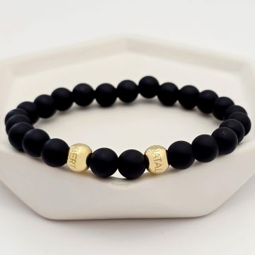 Bratara pietre semipretioase Onix mat de 8 mm - Bilute din Argint 925 placat cu Aur Galben - Snur elastic