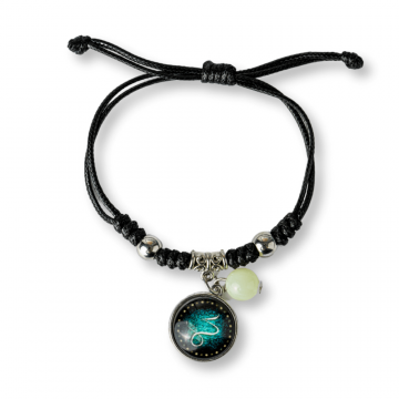 Bratara Zodia Capricorn Ajustabila din Sfoara Cerata si Piele Sintetica ,   Cabochon Rotund cu Semn Zodiacal si Bila Fosforescenta