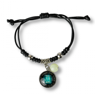 Bratara Zodia Gemeni Ajustabila din Sfoara Cerata si Piele Sintetica ,   Cabochon Rotund cu Semn Zodiacal si Bila Fosforescenta