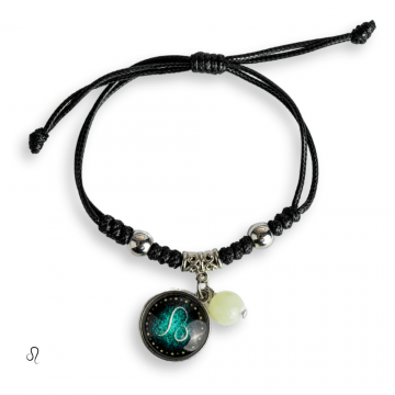 Bratara Zodia Leu Ajustabila din Sfoara Cerata si Piele Sintetica ,   Cabochon Rotund cu Semn Zodiacal si Bila Fosforescenta