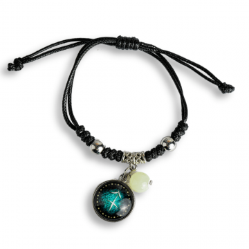 Bratara Zodia Sagetator Ajustabila din Sfoara Cerata si Piele Sintetica ,   Cabochon Rotund cu Semn Zodiacal si Bila Fosforescenta