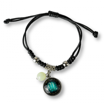 Bratara Zodia Scorpion Ajustabila din Sfoara Cerata si Piele Sintetica ,   Cabochon Rotund cu Semn Zodiacal si Bila Fosforescenta