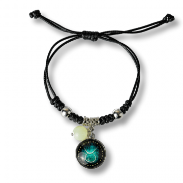 Bratara Zodia Taur Ajustabila din Sfoara Cerata si Piele Sintetica ,   Cabochon Rotund cu Semn Zodiacal si Bila Fosforescenta