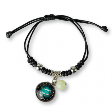 Bratara Zodia Varsator Ajustabila din Sfoara Cerata si Piele Sintetica ,   Cabochon Rotund cu Semn Zodiacal si Bila Fosforescenta
