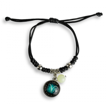 Bratara Zodiacala Ajustabila din Sfoara Cerata si Piele Sintetica ,   Cabochon Rotund cu Semn Zodiacal si Bila Fosforescenta