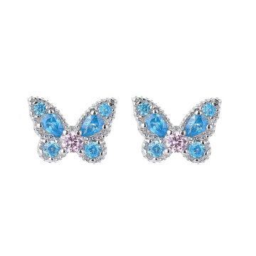 Cercei argint 925, JW1581, model fluture albastru, placati cu rodiu