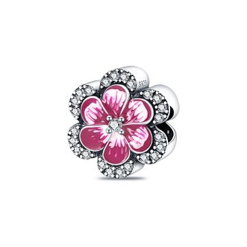 Charm/talisman argint 925, JW1122, model floare alb/roz, placat cu rodiu